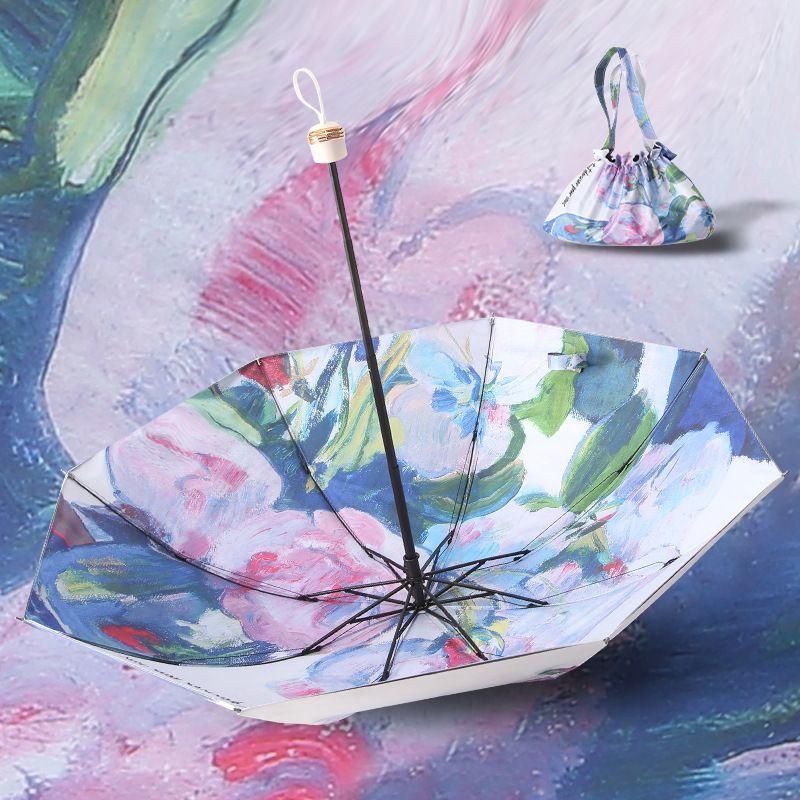 Double layered sun umbrella with female illustration hand drawn, compact and convenient folding, sun shading and UV protection, five fold umbrella