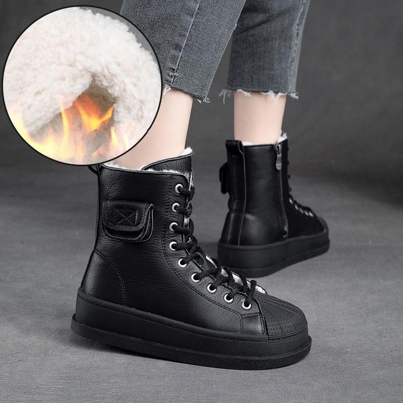 Johnature Winter Plüsch Warme Baumwollstiefel Echtes Leder Runde Zehen Dickbesohlte Kurze Damenstiefel