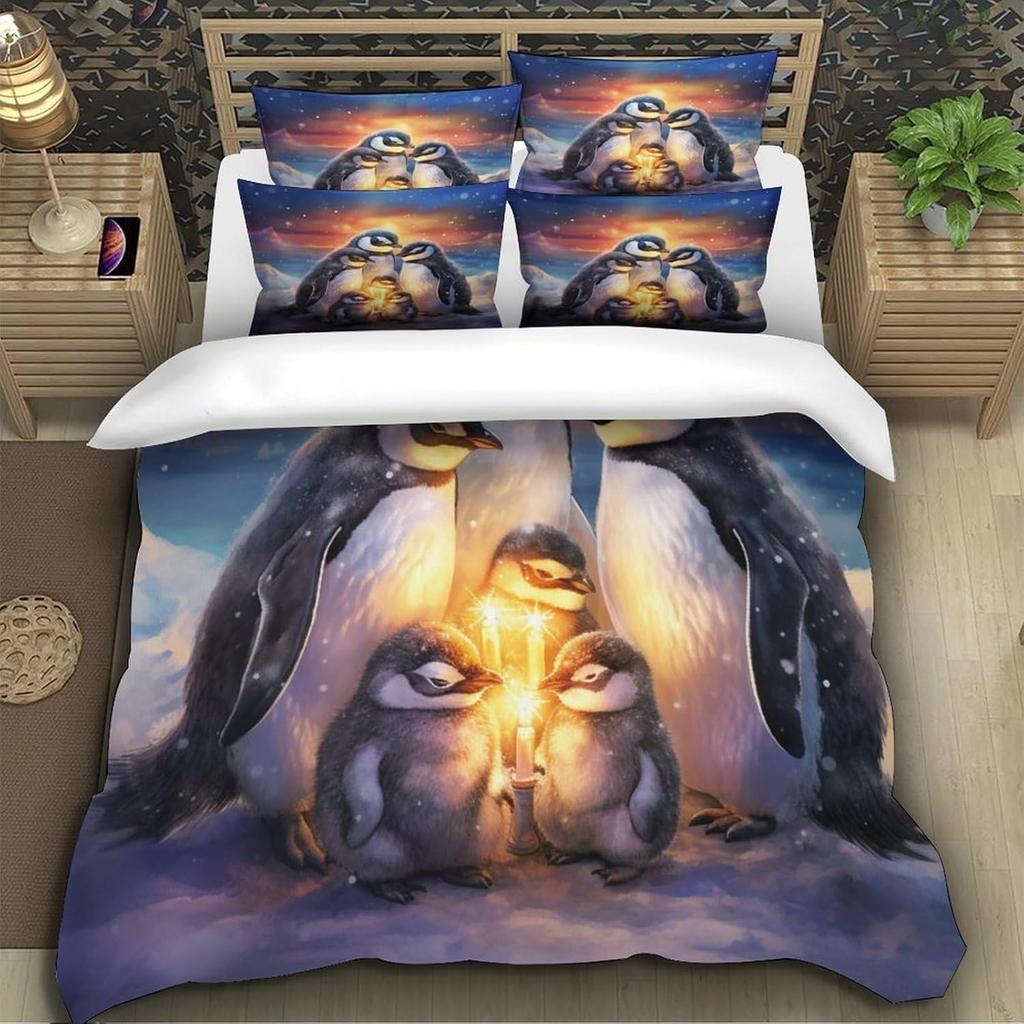 Penguin 3D Printing Duvet Covers, Wildlife Microfibre Soft Bedding Sets And Pillowcase With Hidden Zipper For Kids Super King