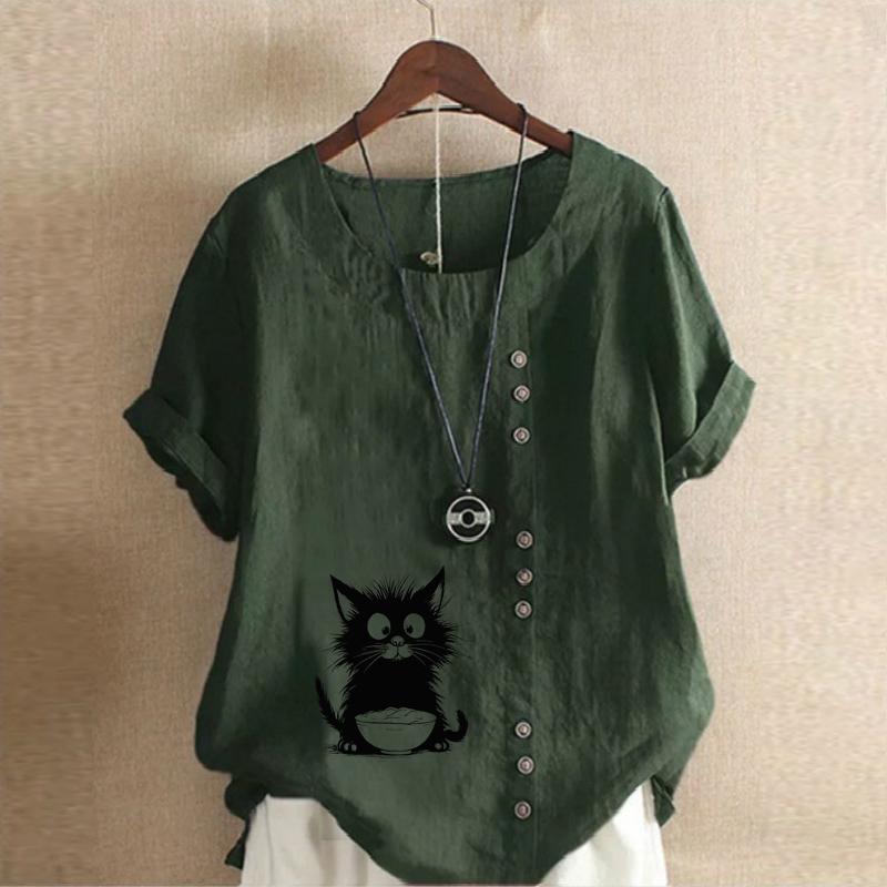 Women's Fashion Black Cat Prined Short Sleeve T-shirt Loose Cotton Shirt Casual Loose Summer Blouse Plus Size Tops