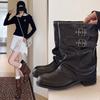 Medium Boots Pleated Trousers New Boots Female Rad 2025 Autumn and Winter Boots Locomotive Martin Boots Black Pile
