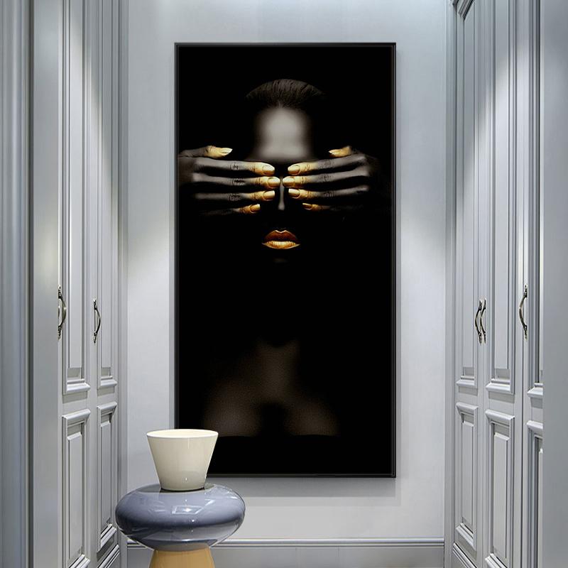 Black And Glod African Nude Woman Oil Painting On Canvas Posters and Prints Scandinavian Wall Art Picture for Living Room