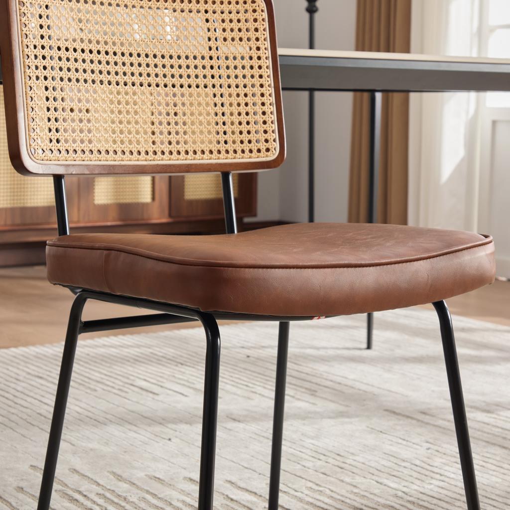 Modern Dining Chair, Set of 2, PU Leather Upholstery In Vintage Style, Without Armrests, Solid Wood Frame, Rattan Look, Adjustable Metal Feet-Brown