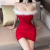 2023 European & American One-Shoulder Fur Trim Christmas Dress