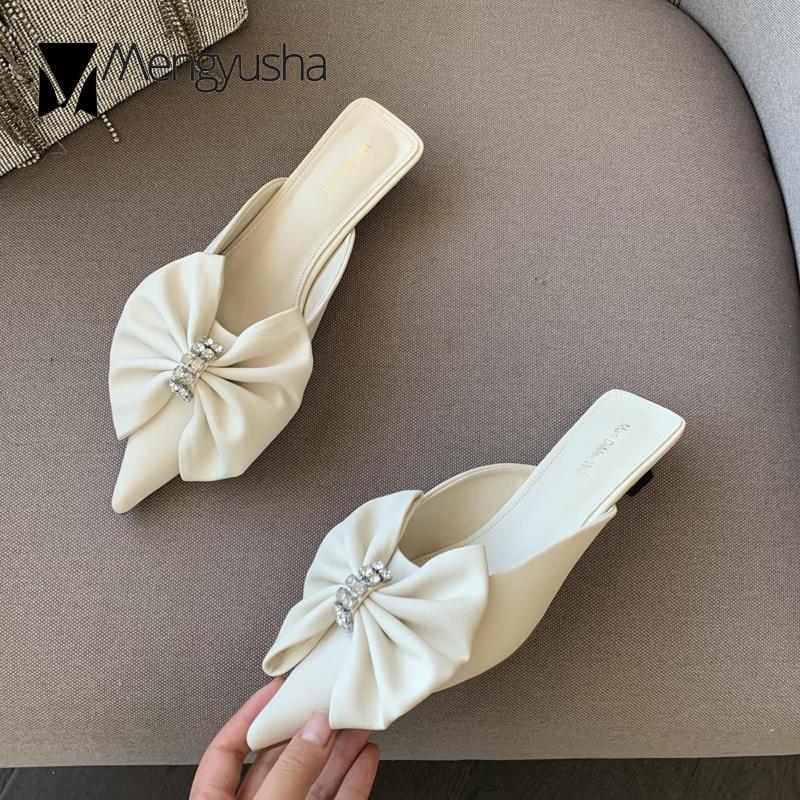 Fashion 2024 Designer Celebrity Bow-Knot Slippers Women Silk Mules Shoes Kitten Low Heels Slides Party Flip Flops Ladies Crystal Sandals