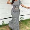 Summer New Large-sized Striped Top and Skirt Set, Short Top, High-waisted Fishtail Long Dress for Women