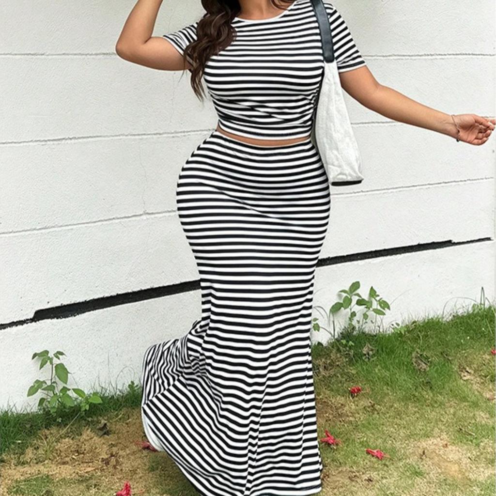 Summer New Large-sized Striped Top and Skirt Set, Short Top, High-waisted Fishtail Long Dress for Women