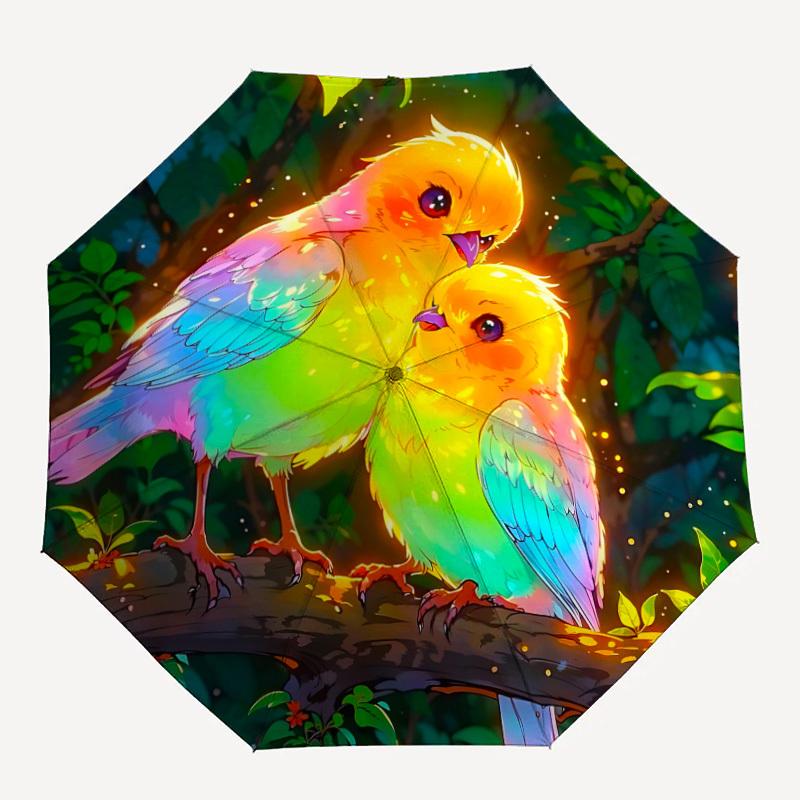 

1PC Rainbow Birds Forest Glow Automatic Folding Umbrella, Portable & Foldable Design with 8 Ribs, 81