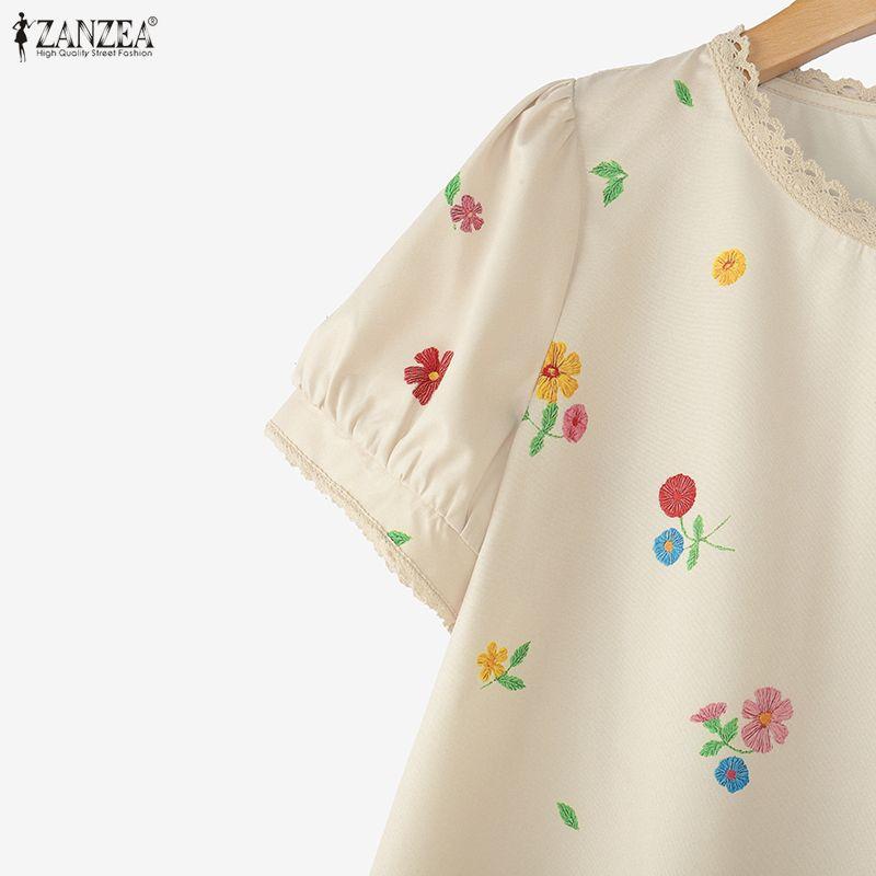 ZANZEA Women Floral Print Casual Round Neck Short Sleeve Blouse