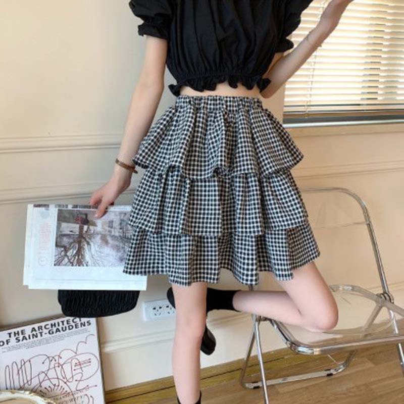 Black and White Check Cake Skirt Women's Elastic Waist A-word Ruffle Edge Pleats Puffy Skirt Sexy Sweet Gothic Preppy Style Spring Summer