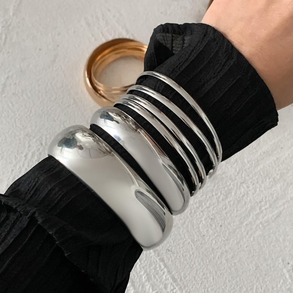 Gold Silver Color Metal Bracelets Set Geometric Wide Stackable Bangles Multilayer Bangles Gifts