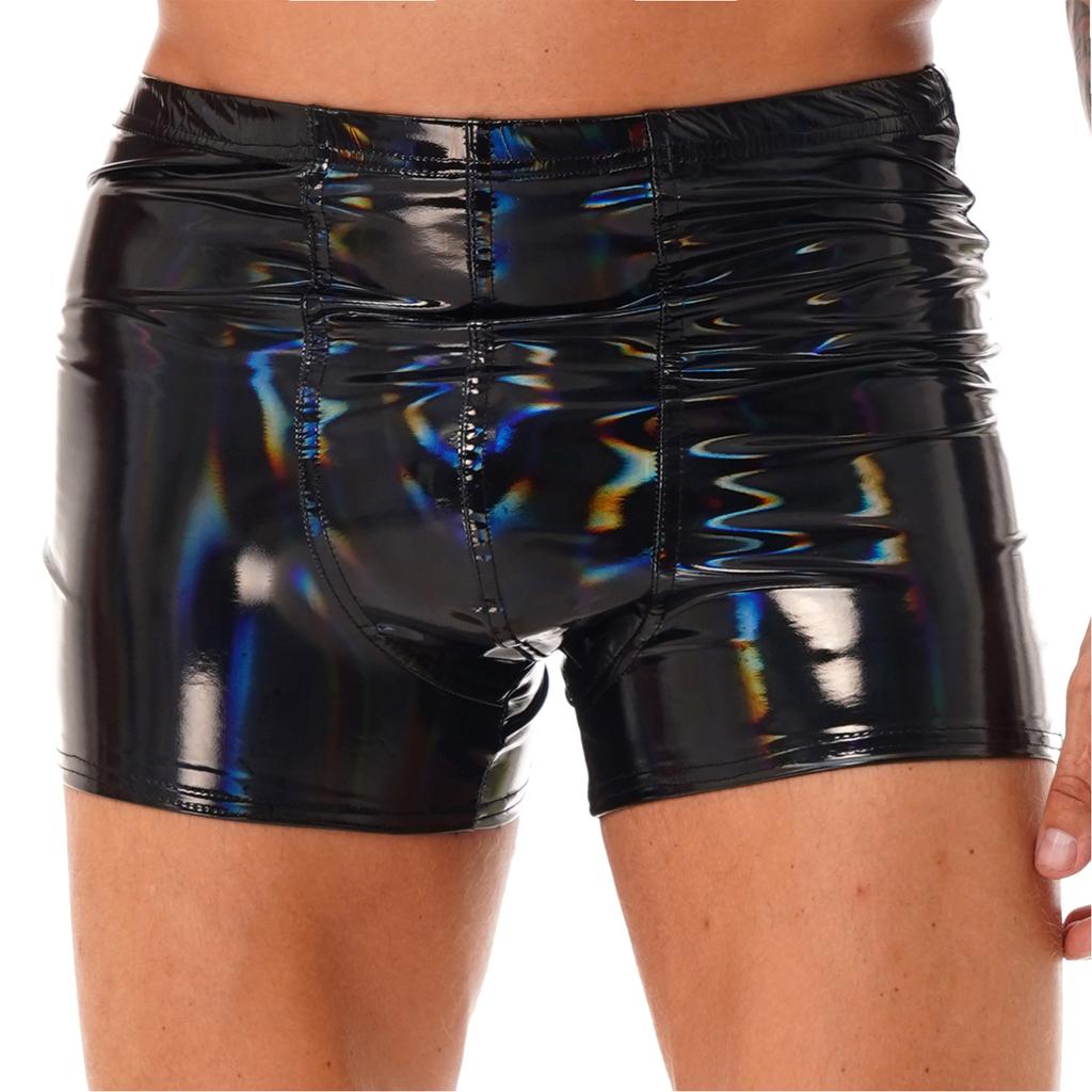 Mens Wet Look Patent Leather Shorts Boxer Brief Soft Stretchy Short Pants Clubwear