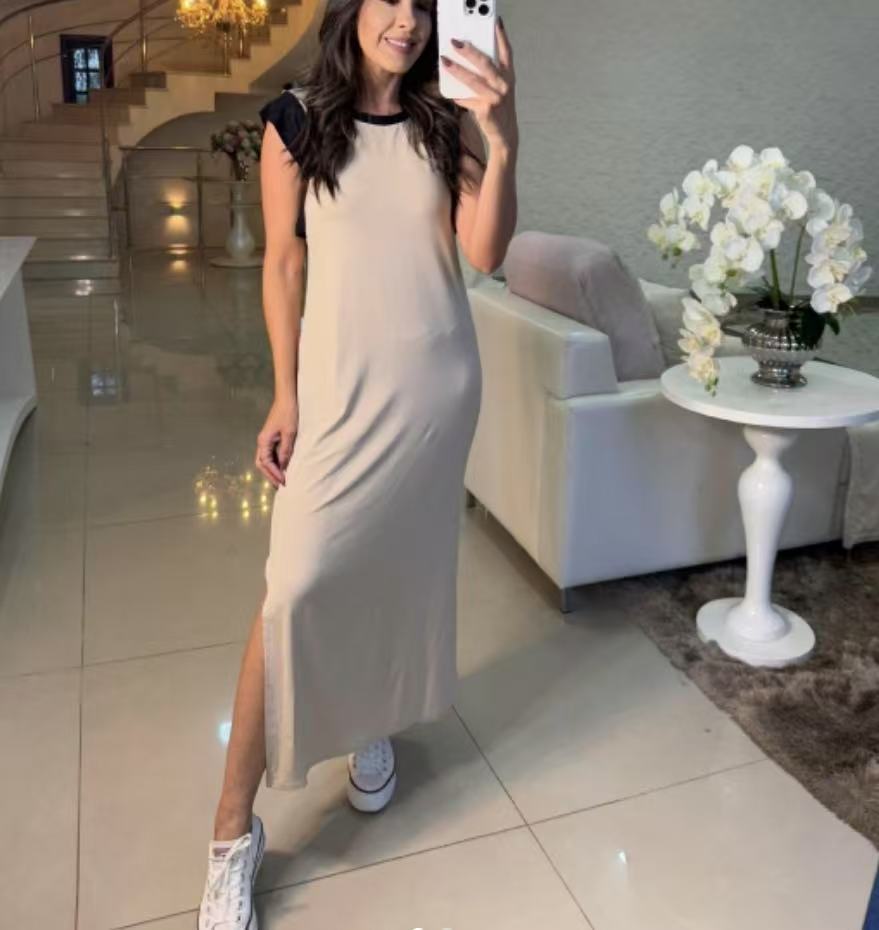 2026 European and American women s clothing summer new fashionable and sexy solid color splicing sleeveless long dress S