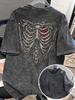 T-shirt Vintage Lavage Acide Imprimé Squelette Rétro Effiloché Graphique Arrière Manches Courtes pour Hommes Femmes Streetwear