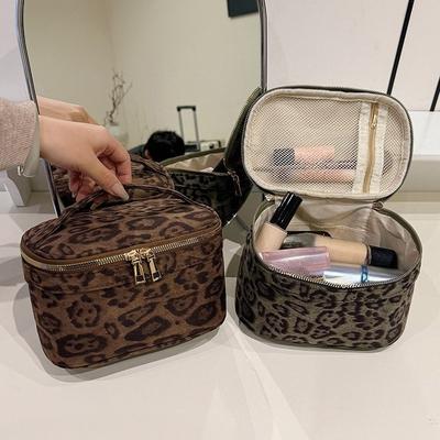 Vintage Leopard Make-up Tasche für Damen Mädchen Große Kapazität Reise Kosmetiktasche Tasche Reißverschluss Tragetasche Lippenstift Toilettenartikel Beutel