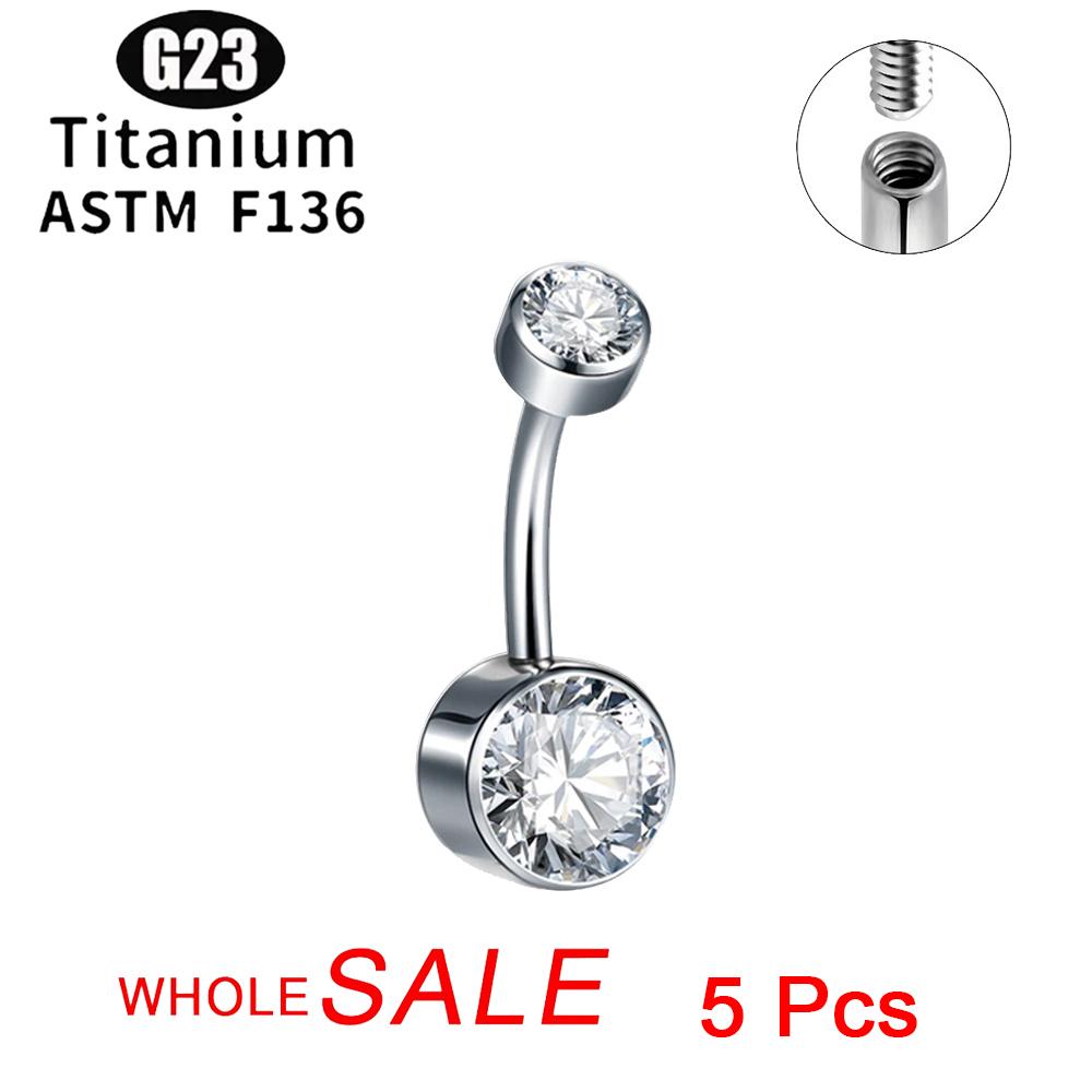 

G23 TItanium 5A Round Zircon CZ Belly Button Ring Body Jewelry Internal Threaded Bezel Set 1.6x10x4x6mm