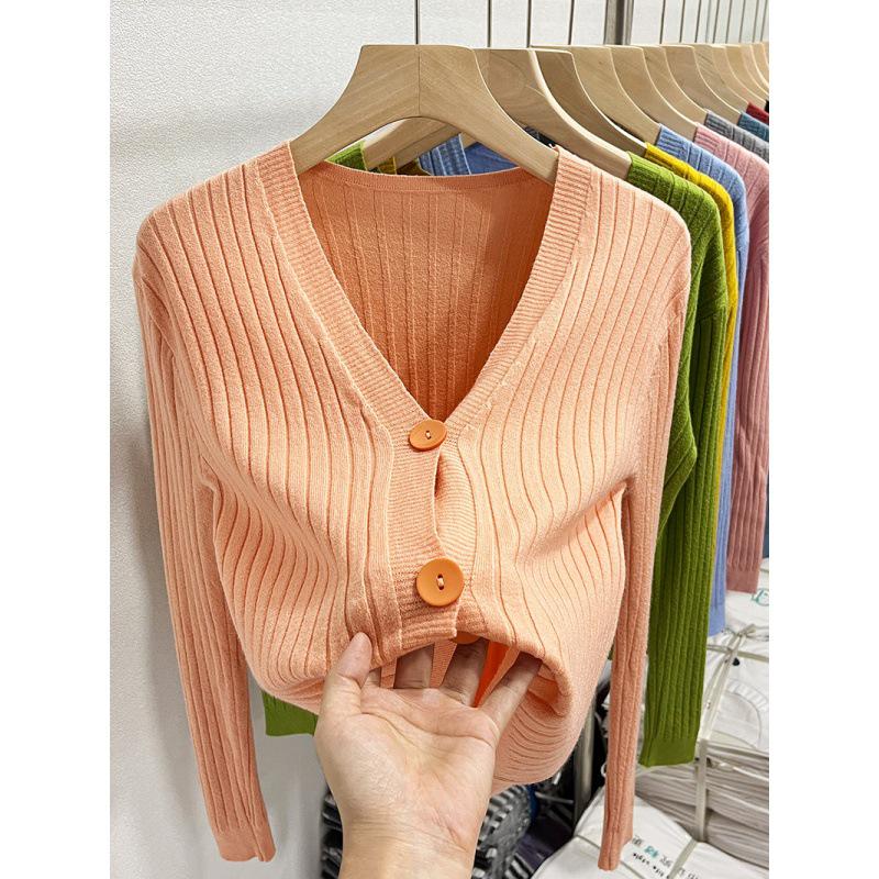 V-Neck Knitted Cardigan: Retro Hong Kong Style Sweater for Spring & Autumn, Long Sleeve Short Jacket for Women