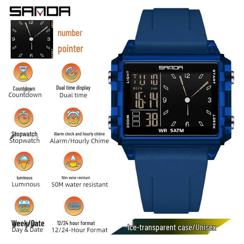 Sanda Dual Time Waterproof Transparent Sports Wristwatch with Colorful Single Display and Student Timer Function