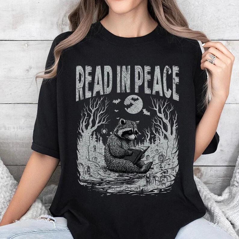 

Raccoon Read In Peace T-shirt Tops Tee, Book Lover Halloween Shirt 2XL