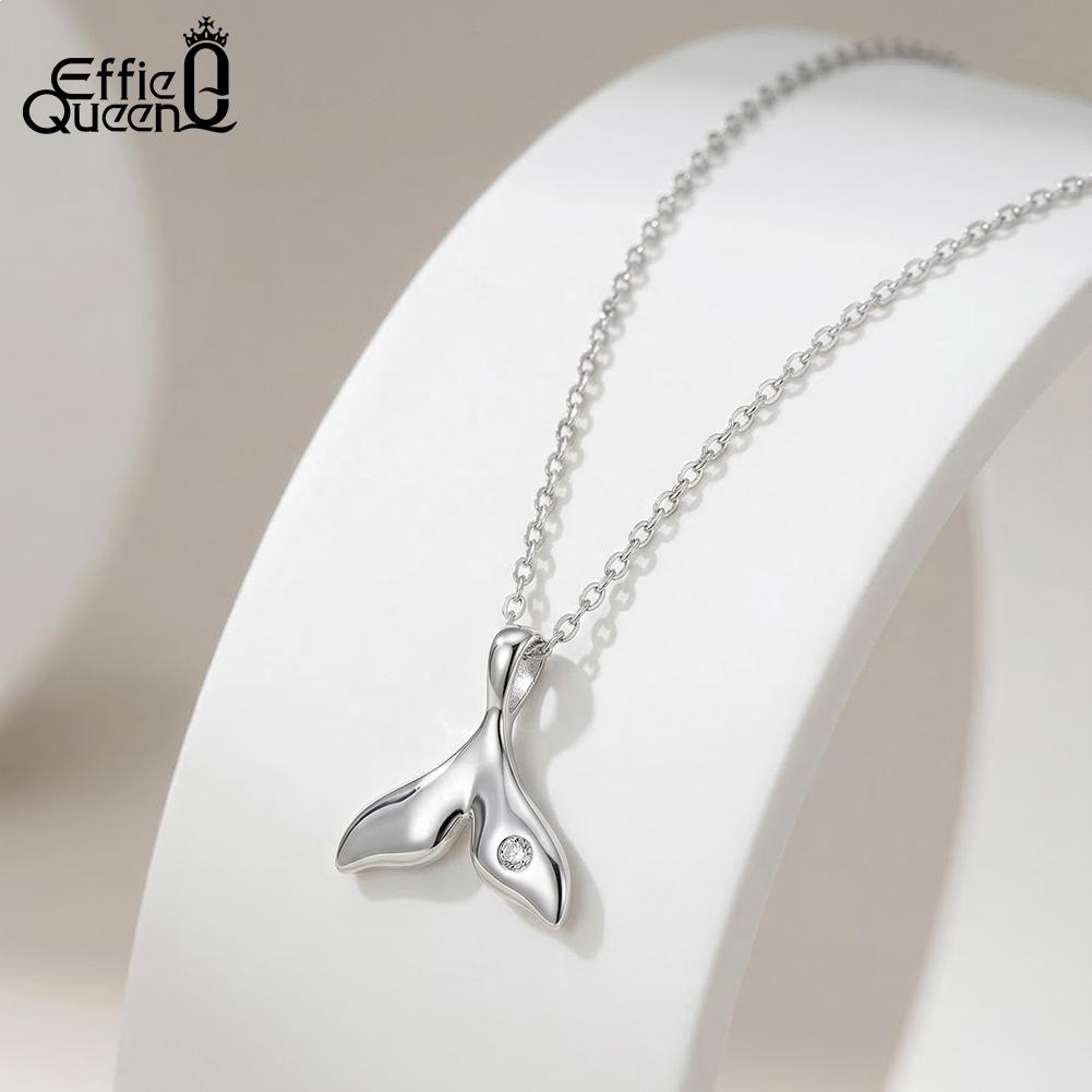 Effie Queen S925 Silver Fish Shape Shiny Zircon Charm Pendant Necklace Fashion Fishtail Chain Link Jewelry Party Gift SAPN64