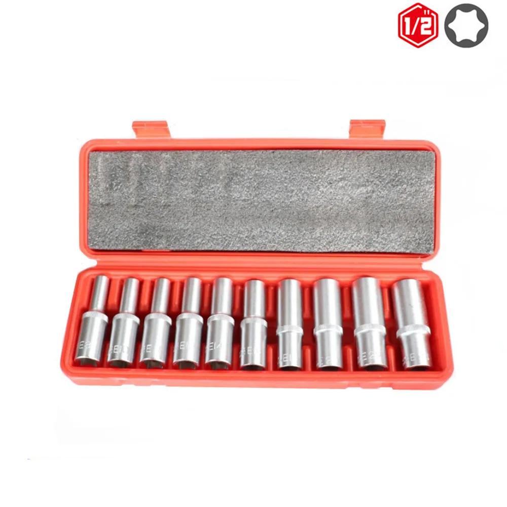 9/10/14/17-Piece E Torx Star Socket Set with 1/2 Inch Drive E4 To E24 Sizes for DIY Workshop Woodworking and Precision Tool