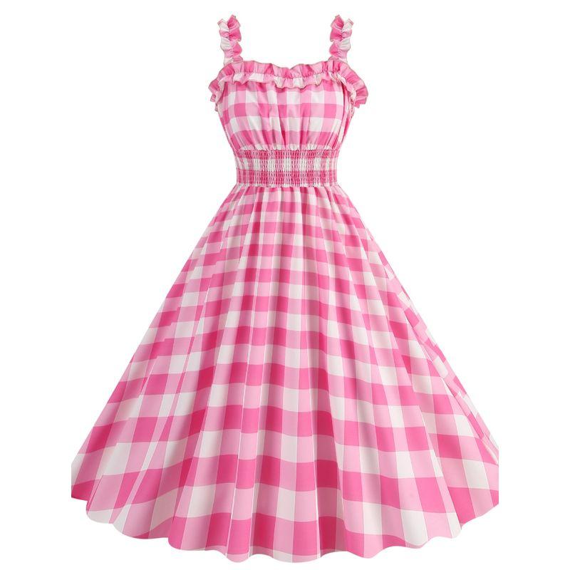 

Real Shot Spot 2023 Amazon Cross-Border Hot Hot Sale Sexy Suspenders Barbie Pink Printed Checks Dress Picture Color S