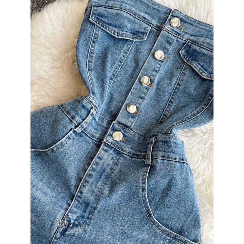 Age-Reducing Summer Retro Slit Denim Suspender Midi Dress