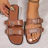 Large size buckle flat bottom one-word shoes women's open-toed retro wind beach cool slippers