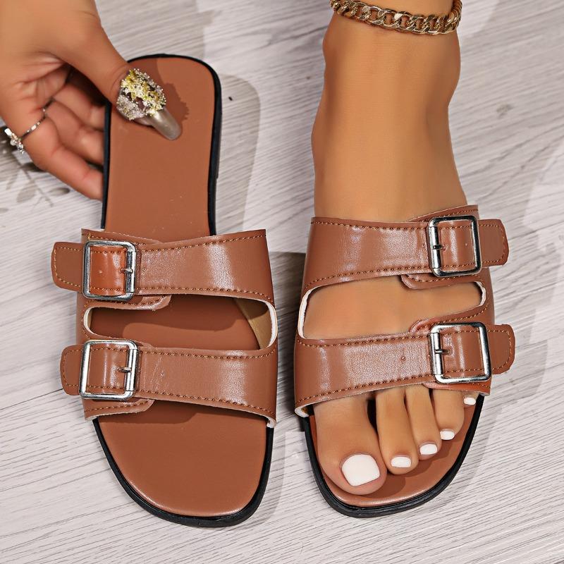 Large size buckle flat bottom one-word shoes women's open-toed retro wind beach cool slippers