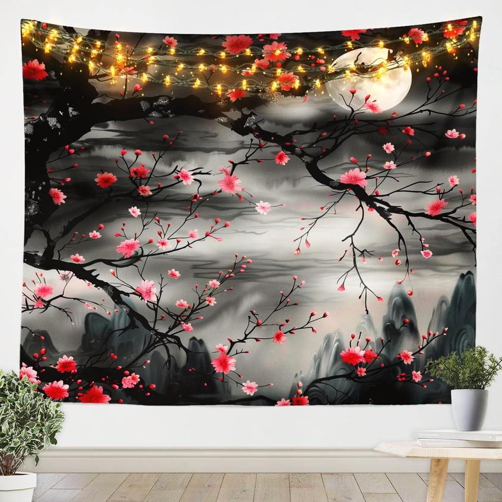 Chinese Cherry Blossom Moon Tapestry, Ink Wash Wall Hanging with Pink Flowers and Full Moon for Zen Aesthetic Bedroom Home Decor
