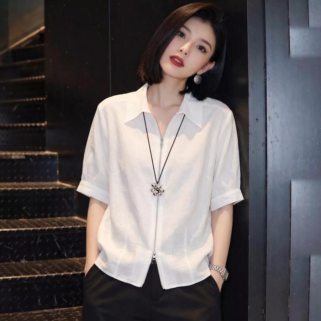 Summer new light luxury short-sleeved shirt lapel zipper design sense commuting versatile and thin coat female A