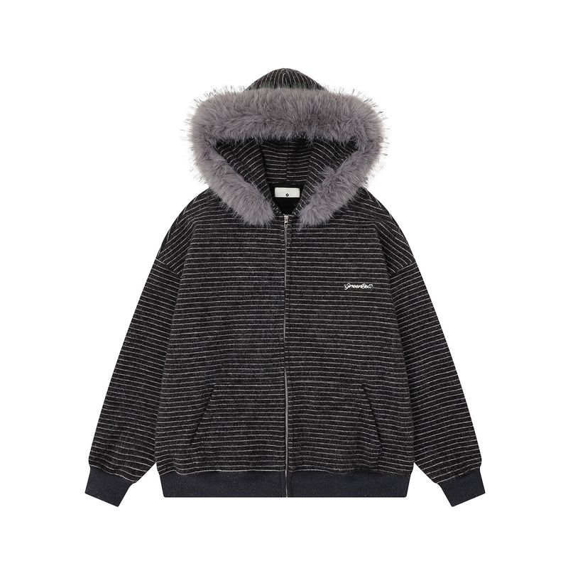 

Acrardic Winter Fleece-Lined Detachable Fur Collar Hooded Sweatshirt for Men, Retro Casual Loose Striped Cardigan Jacket Black (Regular Style) XL