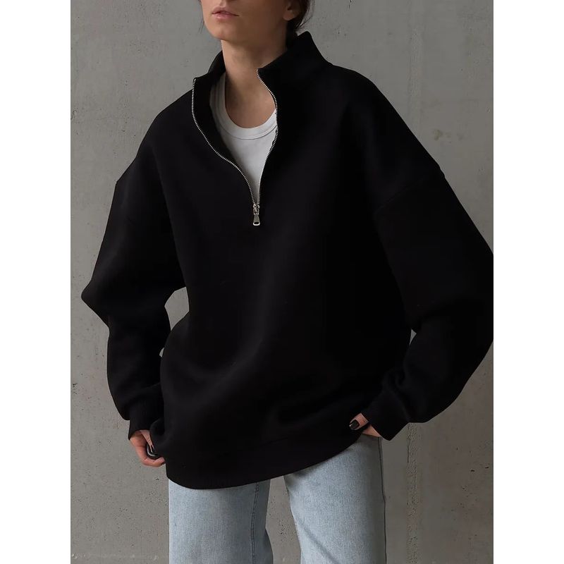 Western Style Fashion Casual Loose Stand Collar Half Zipper Pullover Hoodie Solid Loose Top Half Zip Top