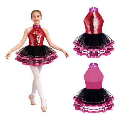 Ärmelloses Tüll-Tanzkleid für Mädchen mit Netz, Hohlrücken, Trägern, glitzernden Pailletten verziert, Performance-Outfit