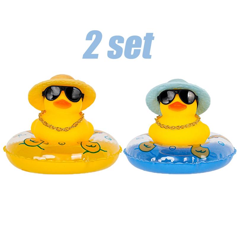 Car Duck Car Rubber Dashboard Decorations Ornament Yellow Rubber Duck with Mini Swim Ring Sun Cowboy Hat Necklace