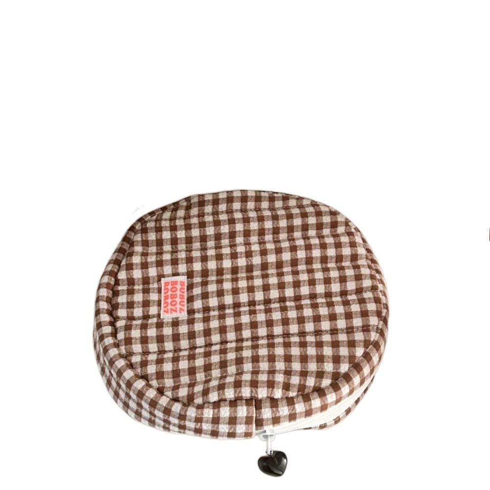 

Round Plaid Toiletry Organizer Korean Style Cotton Coin Purse Casual Ins Cosmetic Bag Outdoor коричневый