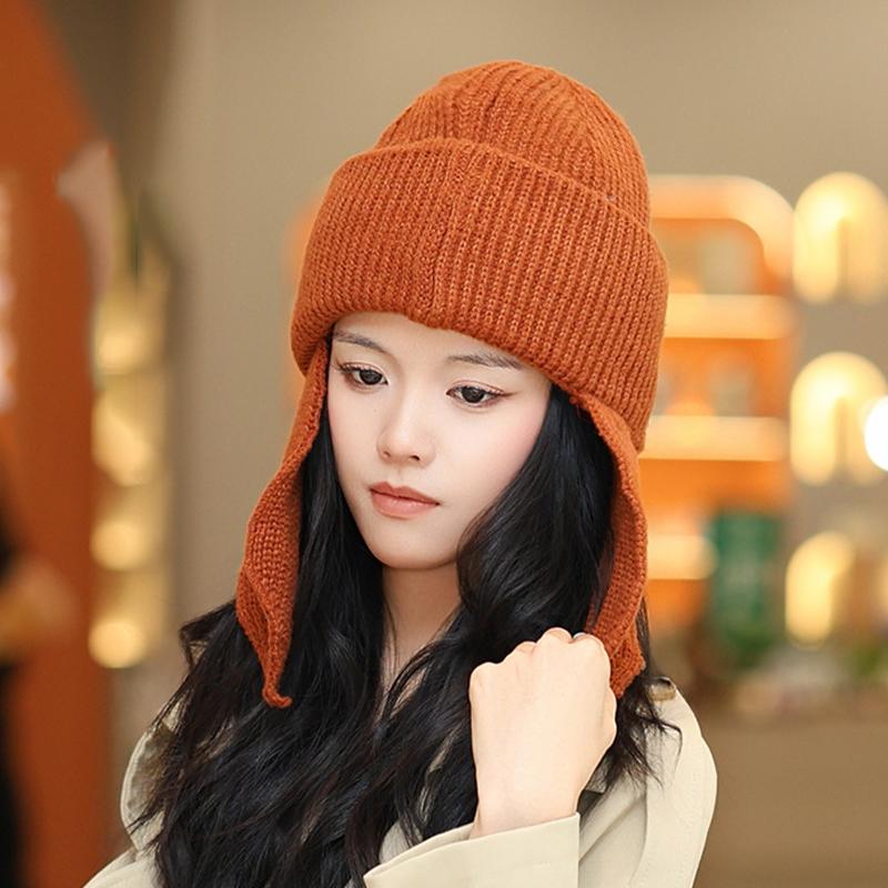 Korean Solid Color Earmuff Knitted Hat Winter Keep Warm Versatile Beanie For Women