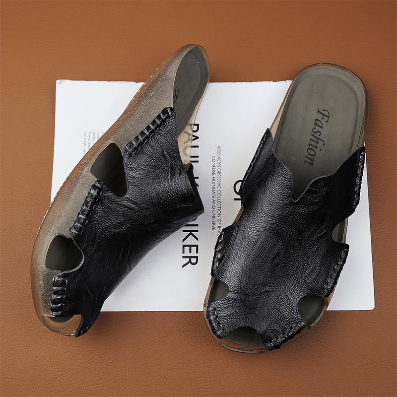 Men's Slippers Summer Handmade Baotou Half Slippers Men's Genuine Leather Roman Sandals Without Heel Slip-On Lazy Flat Mules