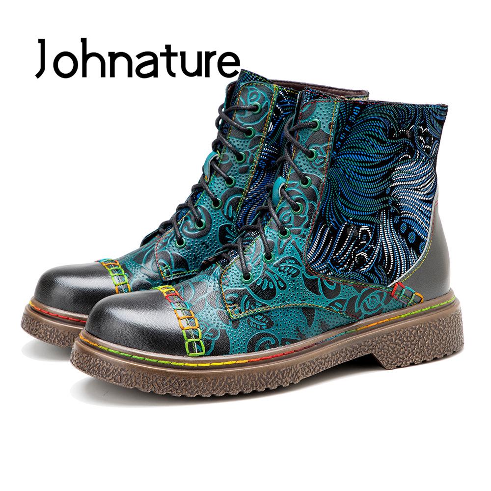Johnature Genuine Leather Shoes Women Boots Round Toe Retro Handmade Lace-up Sewing Concise Ankle Platform Boots