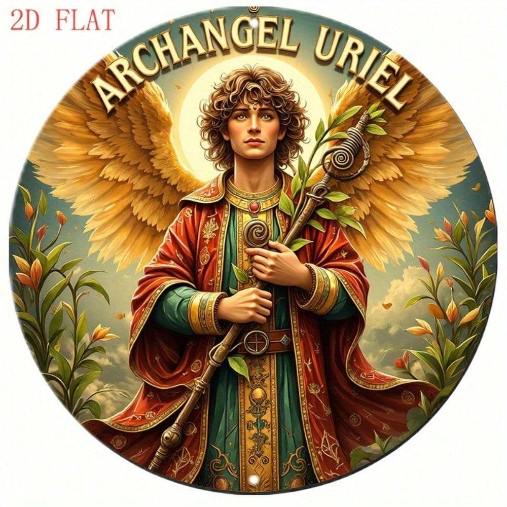 

8 Inch Round Archangel Uriel Metal Wall Art, Rustic Farmhouse Decor with Golden Wings Floral Design 20x20 різнокольоровий