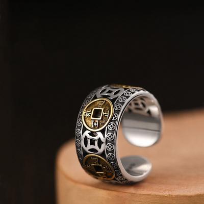 New Vintage Chinese Style Five Emperor Money Rings Men Jewelry 925 Sterling Silver Ring Boy Creativity Finger Accessories