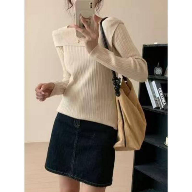 One-word Shoulder Sweater High-end Knitted Bottoming Shirt for Women's Autumn and Winter with High Waist Off-the-shoulder Long-sleeved Autumn Top