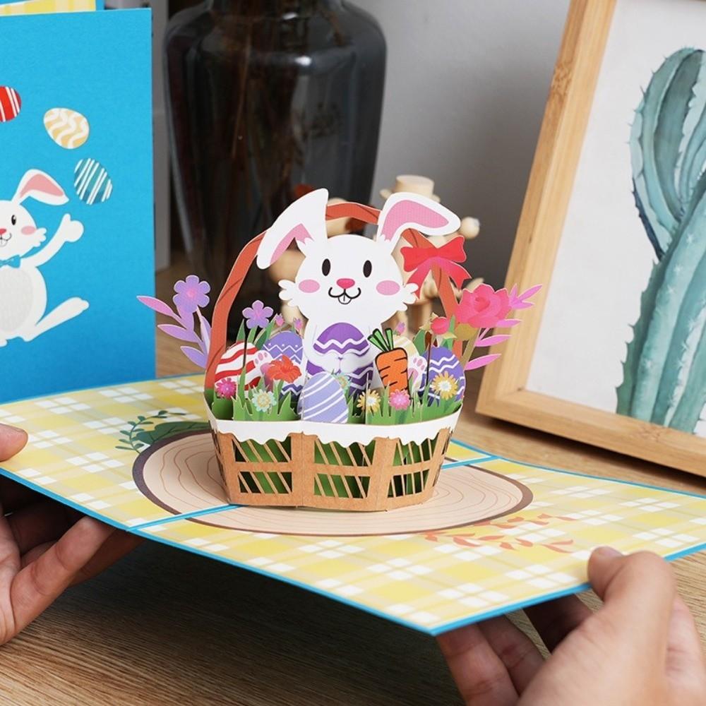 Folding 3D Popup Easter Card with Envelope Paper Arts Celebration Card Postcard Hand Carved Easter Greeting Cards Home Ornaments