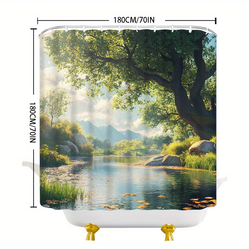 Waterproof Shower Curtain with a Majestic Tree and Serene Lake Design for a Nature Inspired Bathroom Decor Experience