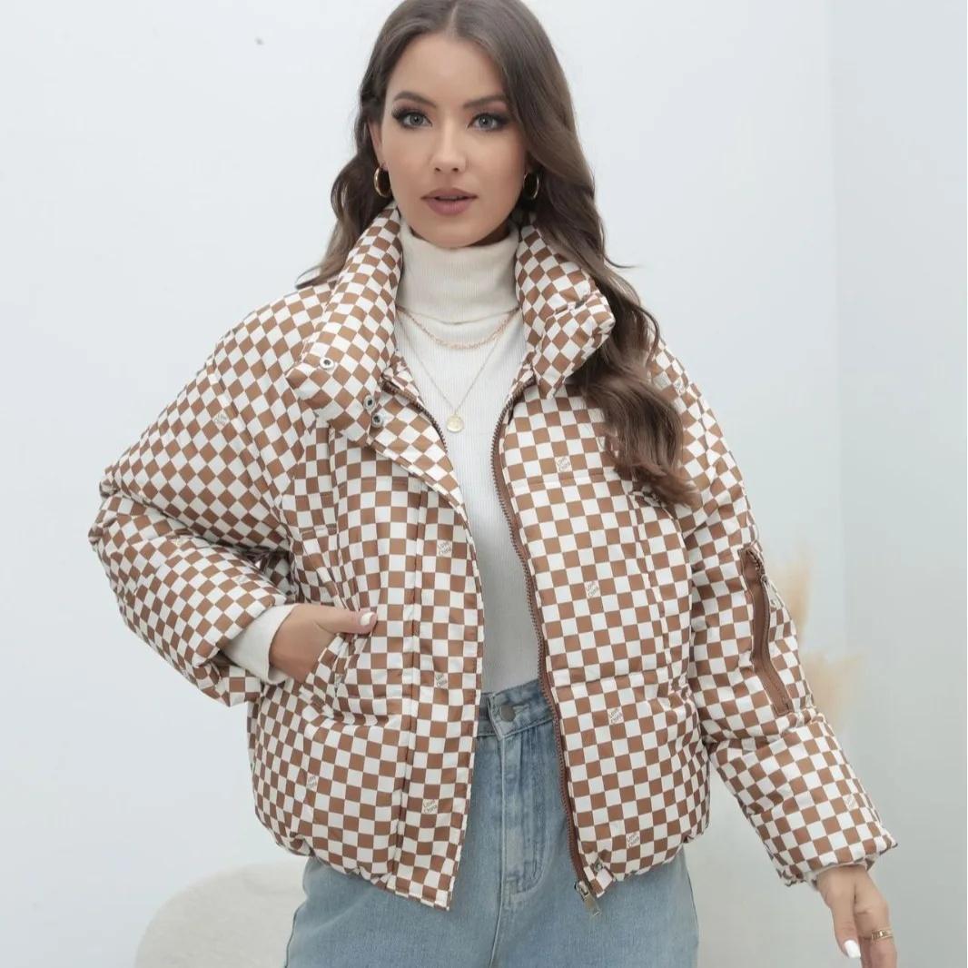 

Warm Plaid Down Jacket Winter Fashion Cotton Coat Bread Style Versatile Long Sleeve Thickened Winter Coat for Women XL хакі