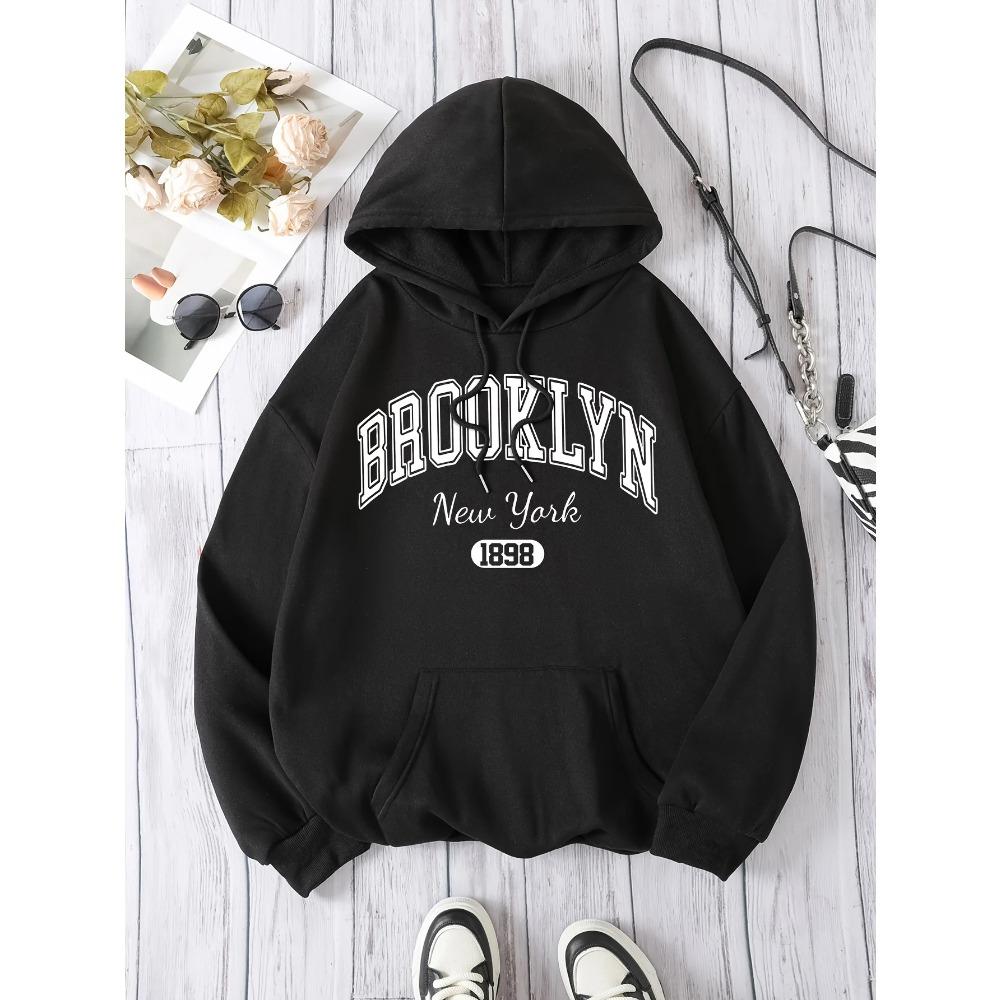 Brooklyn New York 1898 Hoodie Sweatshirt - Casual Hooded Pullover with Drawstring Alphabet Pattern