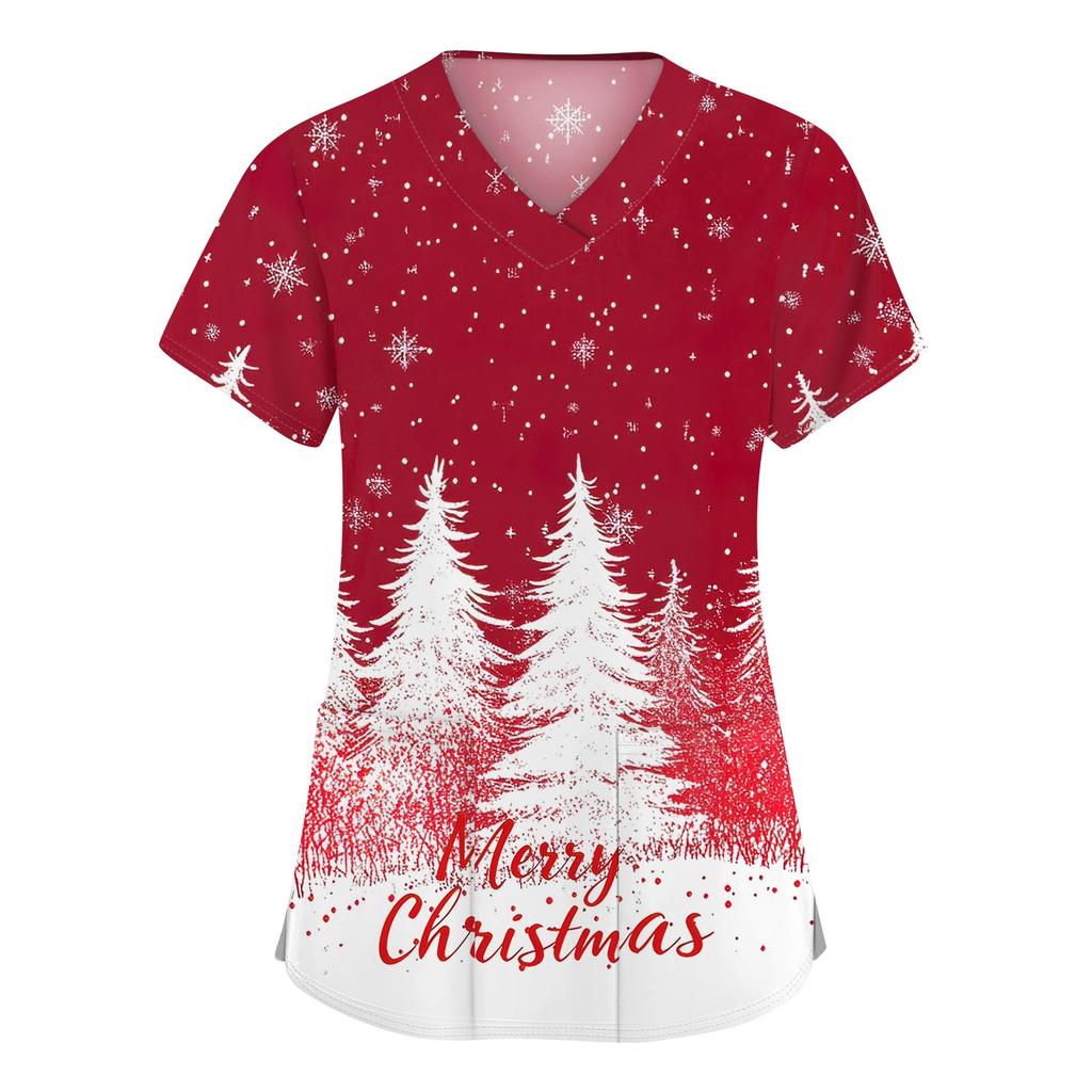 Women's Fashion V-neck Short Sleeve Workwear With Pockets Christmas Printed Tops
