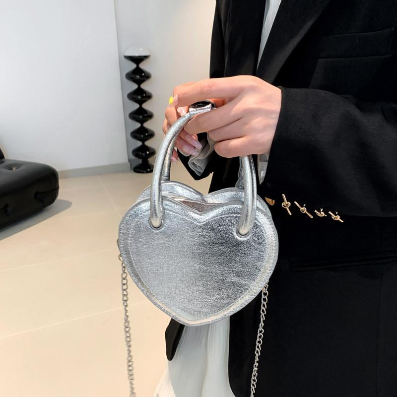 Street Chic Pu Small Square Bag Trendy Heart-shaped Zipper Closure Shoulder Bag Silver