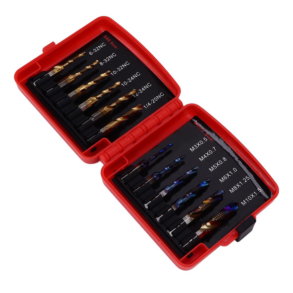 12Pcs Combined Tap Drill Bit Set HSS Metric Blue Plating Imperial Ti Plated 14in Hex Shank