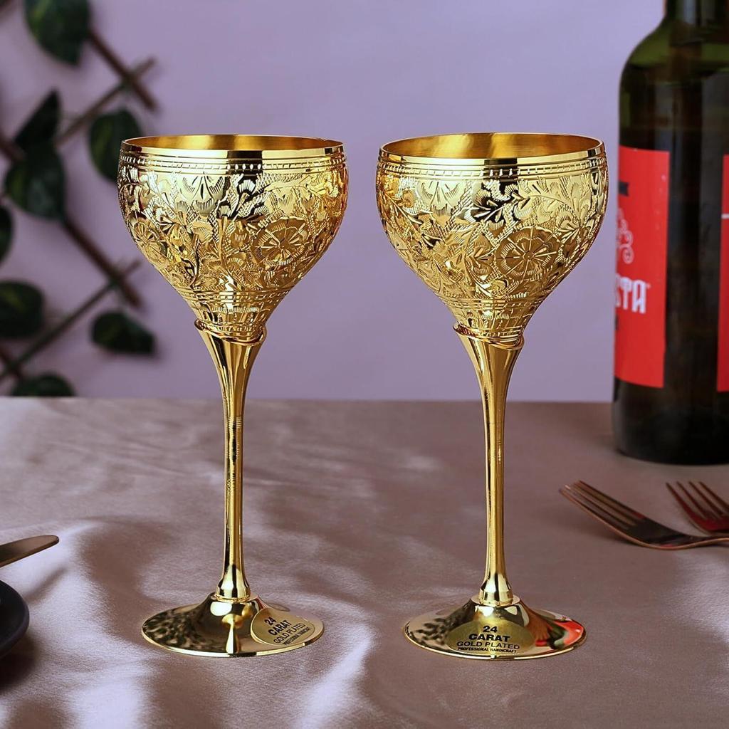 Brass Wine Glasses, Metal Goblet, Champagne Flutes, Diwali, Wedding Anniversary Gift for Couple Marriage, Corporate Clients - Set of 2 Saucer Design